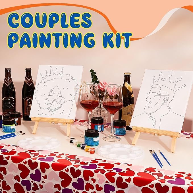 Yeaqee 13 Pcs Sip and Paint Kit for Adults Stretch Canvas Date Night Valentines Painting Kit Supplies Art Painting Set Outline Design Blank Stretch Canvas for Couple Party(Afro King Queen,8x10)