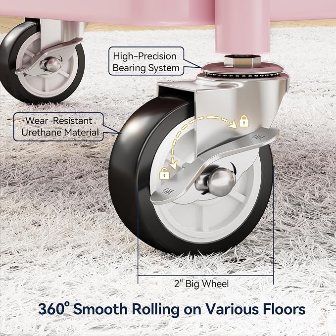 YASONIC 3 Tier Rolling Cart, Heavy Duty Metal Utility Cart with Wheel Pink