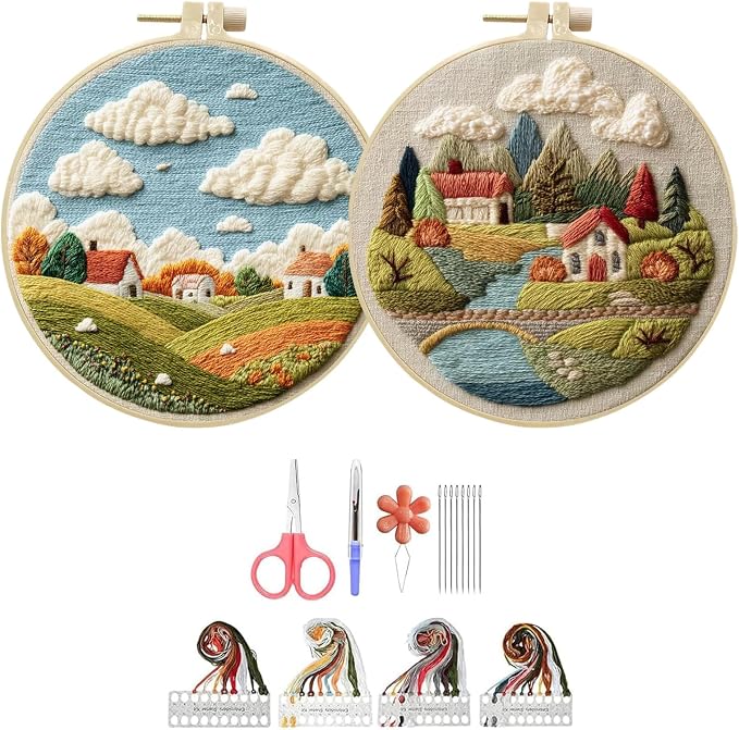 Hzkokon 2 Pack Embroidery Kit for Beginners Adults Cross Stitch Kits Hand Embroidery Kit Includes Stamped Flower Pattern, Hoop, Color Threads,Tools & Follow Instruction