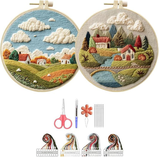 Hzkokon 2 Pack Embroidery Kit for Beginners Adults Cross Stitch Kits Hand Embroidery Kit Includes Stamped Flower Pattern, Hoop, Color Threads,Tools & Follow Instruction