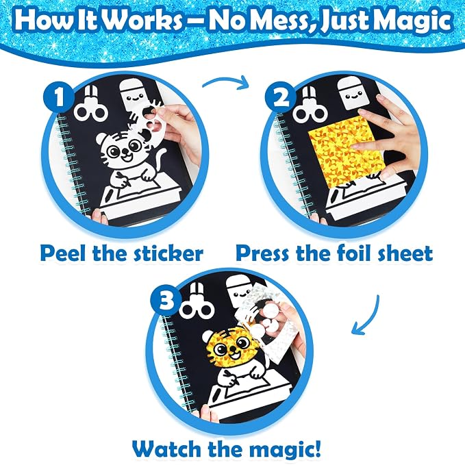 FUNNYB&G Foil Art Craft Kit for Kids, Sparkly Birthday Gift Toy for Boys | No Mess, Kids Ages 4-10 Create Sparkling Artwork, A Creative Gift for Birthdays, Holidays, Travel Activities,Screen-Free Fun