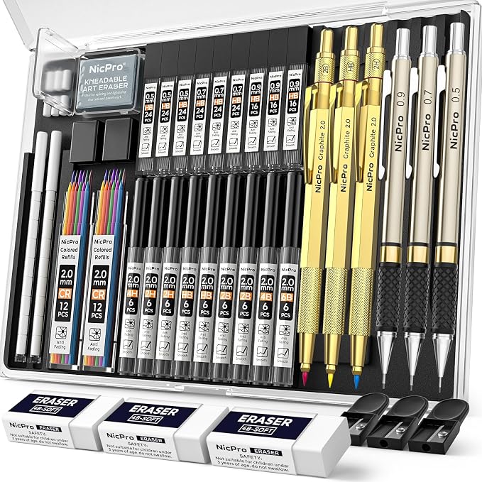 Nicpro 35PCS Gold Art Mechanical Pencils Set, 3 PCS Metal Drafting Pencil | 0.5 mm & 0.7 mm & 0.9 mm & 3 PCS 2mm Lead Holder (6B 4B 2B HB 2H 4H Colors) For Sketching Drawing With 20 Tube Lead Refills
