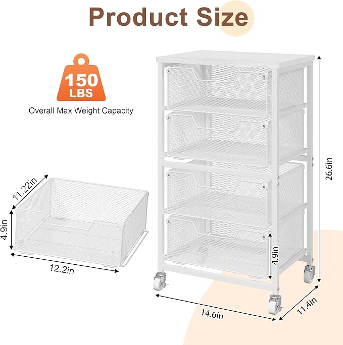 4-Drawer Rolling Storage Cart, Utility Cart with Drawers, White Metal Craft Cart Organizer with Wheels & Wooden Top, Art Supply Storage Organizer for Classroom, Office, Kitchen,Patent Pending