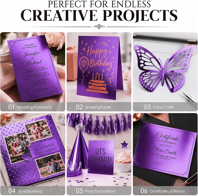 25 Sheets Metallic Purple Mirror Cardstock Paper 8.5 x 11 Shimmer Sheets 250gsm/92lb Heavyweight Scrapbook Paper for Certificates, Invitations, Greeting Cards, Crafts, Graduations