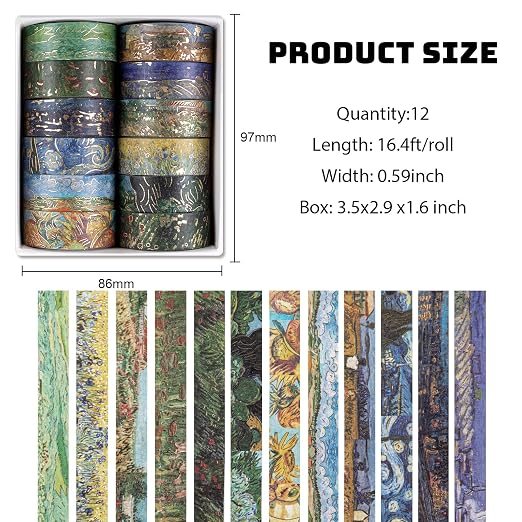 Lychii Washi Tape Set,12 Rolls 5M/16.4Ft Long Gold Foil Masking Tape,15mm