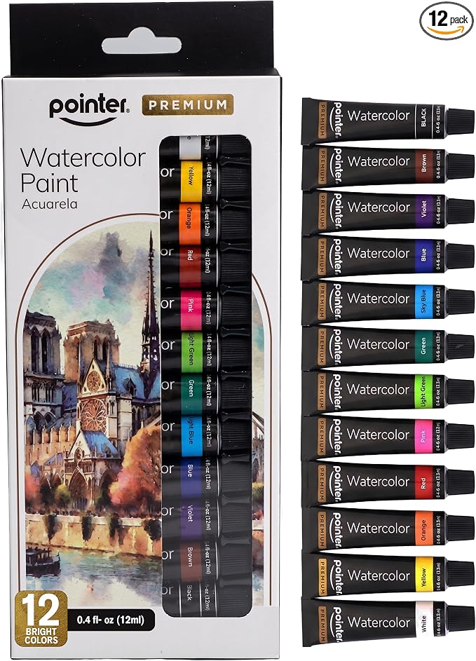 Pointer Premium Watercolor Palette Paint Set – Artist Quality, Ideal for Painting, Sketching, Coloring Craft Projects, School, and Everyday Creative Art Fun, 0.4 fl oz Tubes With 12 Vibrant Colors