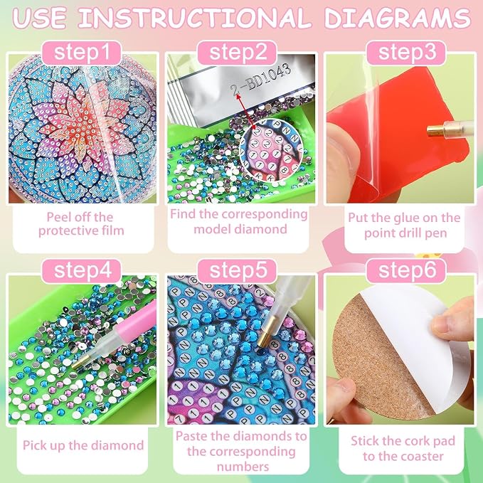 UPINS 8Pcs Lotus Diamond Art Painting Coasters Kits with Holder, Diamond Art Non Slip Coaster Kits DIY with Holder Crafts for Adults Diamond Art Painting Kits Supplies for Holiday Gift