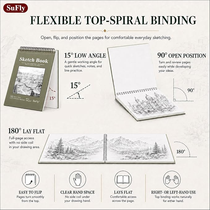 SuFly Sketch Book 9x12, 100-Sheet Drawing Paper Pad, 68lb/100gsm, Acid-Free | Top Spiral Sketchbook, Sketch Pads for Drawing, Art Supplies for Kids & Adults, Art Class Gift for Beginners, Artists & Teens