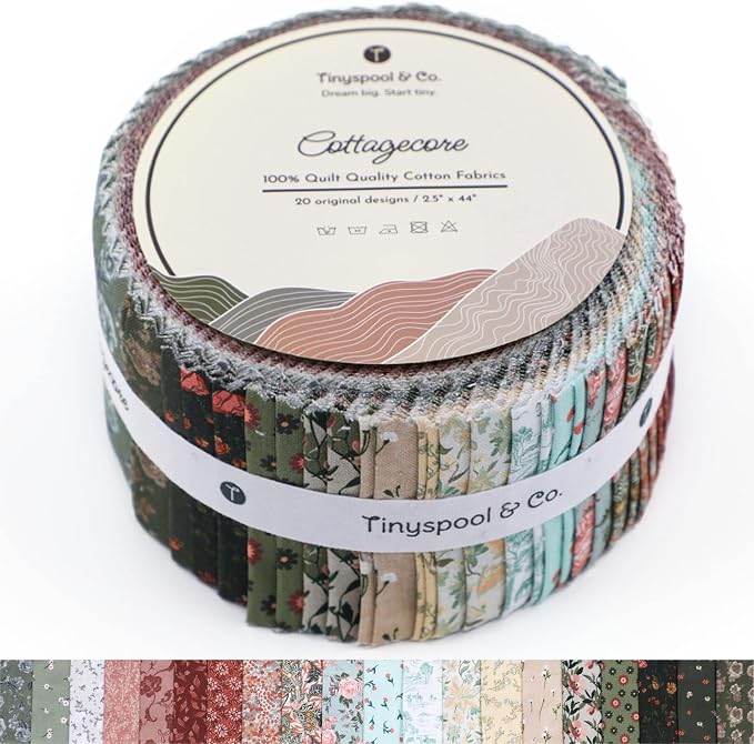 Tinyspool & Co.'s Twirlie Roll 40 Precut Quilting Fabric Strips for Quilting Supplies, Crafting, and Sewing, Soft Cotton Strip for Blanket, Rug, Upholstery, Home Decor, and Purse Making, Cottagecore