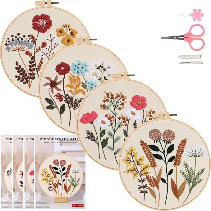 COCOMOX Floral Embroidery Kit for Beginners, Needlepoint Practice Kits | 4 Different Flower Pattern, Cross Stitch Embroidery Kits for Adults, Easy to Follow