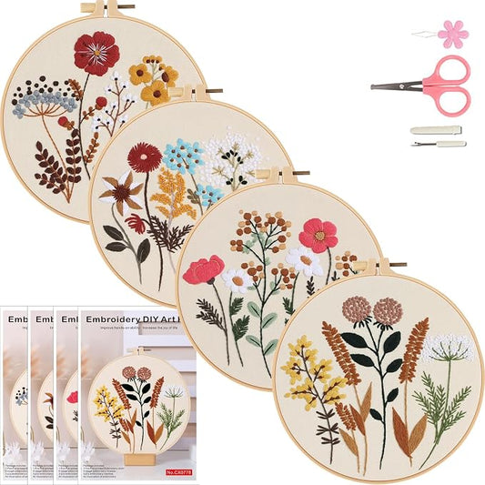 COCOMOX Floral Embroidery Kit for Beginners, Needlepoint Practice Kits | 4 Different Flower Pattern, Cross Stitch Embroidery Kits for Adults, Easy to Follow