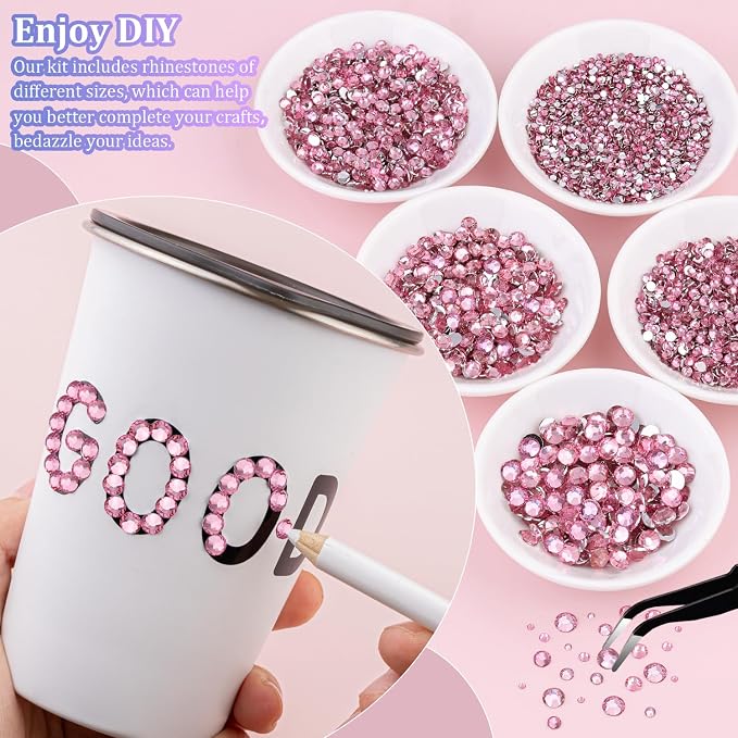 25000Pcs Resin Rhinestones for Crafting, Dark Pink 2-6mm Mixed Sizes Non Hotfix Flatback Gems with 1Pcs Glue, Bedazzling Crystal for DIY Craft Clothing Mugs Tumblers Shoes Fabric Decor Nail Art