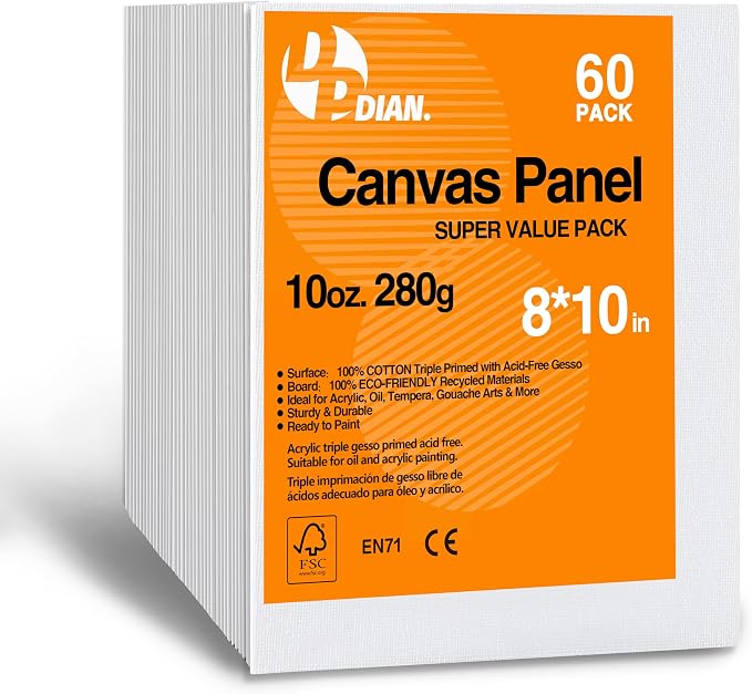 Canvas Boards for Painting 8x10 Inch, 60-Pack Bulk Canvas Value Pack - Art Supplies Blank Paint Canvas Panels for Acrylic, Oil, Watercolor, Tempera, Gouache