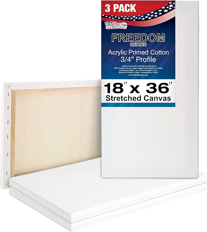 U.S. Art Supply 18"x36" Stretched Canvas for Painting, 3/4" Profile, 3-Pack