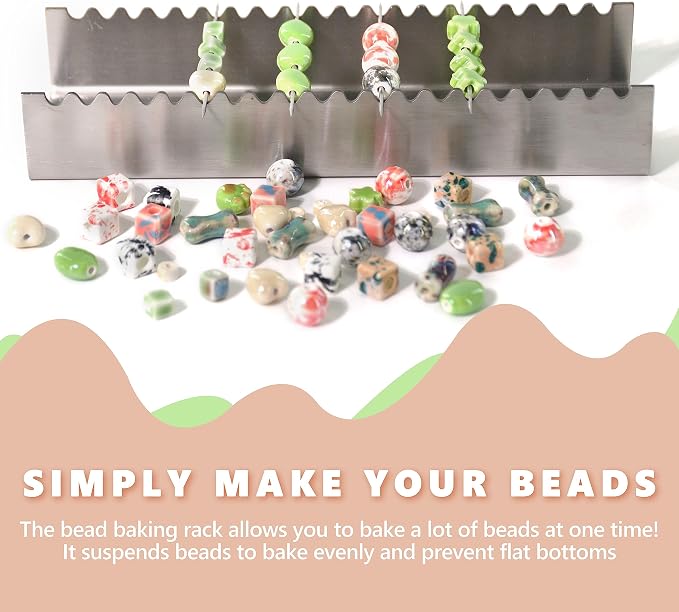 UPTTHOW Bead Baking Rack for Polymer, Jewelry Making Tool with 20 Skewers | Stainless steel rack and skewers, heat-resistant, reusable, 3.5" length skewers in tube, 20 grooves for drying and baking