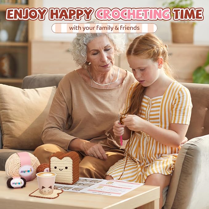 Mewaii Crochet Kit for Beginners, 6 Pack Toast Coaster Craft Set | 40% Extra Yarn, Video Tutorial, Pre-Started Piece, Beginner Friendly, Family Craft Gift for Adults & Kids