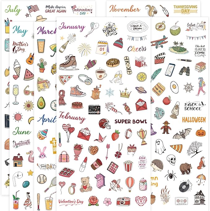 Planner Stickers, 365+ Pcs Daily Weekly Monthly Holiday Seasonal Calendar Stickers for Bullet Journal Scrapbook Diary Notebook Envelope