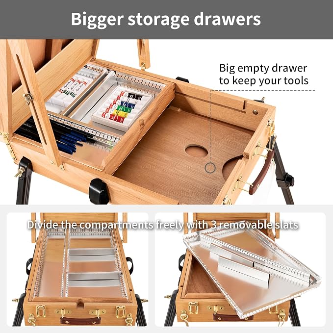 Falling in Art 4 Legs Portable Beechwood French Easel, Natural | Plein Air Easel with Bigger Storage Drawer, Full Size Sketchbox Travel Easel for Painting, Drawing, Artwork