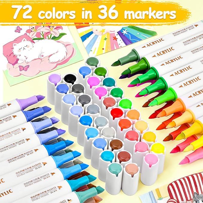 72 Colors Acrylic Paint Markers, 36 Pack Dual Tip Chisel & Fine Permanent Art Paint Pens Set, Coloring Markers for Adult Book Drawing, Rock, Stone, Fabric, Art Supplies Marker Kit for Illustration DIY
