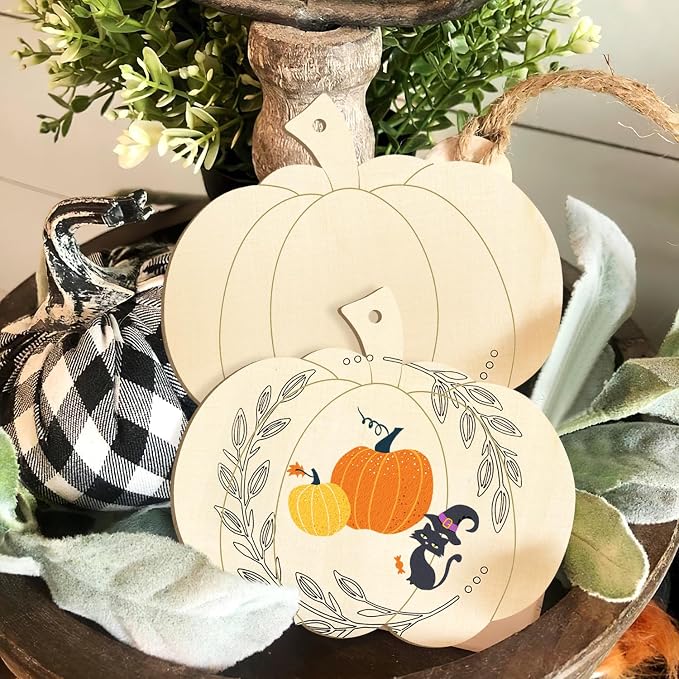 Large Size 7inch Wooden Halloween Thanksgiving Ornaments to Paint,Pumpkin Cutouts Unfinished DIY Blank Unfinished Pumpkin Wood Discs Ornament for Crafts Hanging Autumn Decorations 10PCS