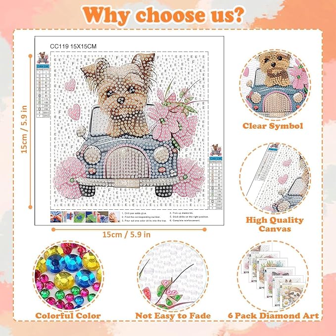 ajepon 6 Pack Animal Diamond Art Kits for Kids, Cute Animals Diamond Art for Kids Ages 8-12, Cat Dog Turtle Sloth Giraffe Owl Diamond Painting Kits for Kid for Gift Home Wall Decor (6x6inch)