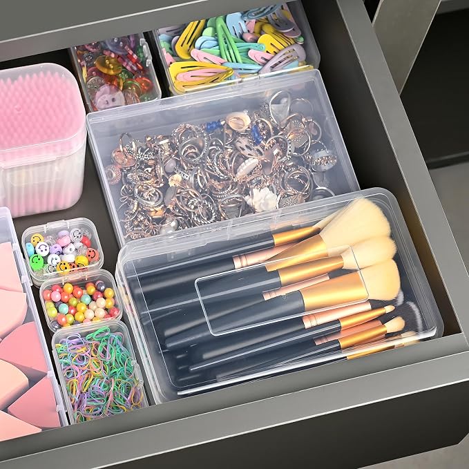 Clear Small Plastic Storage Containers with Lids, 28 Pack | Rectangular Mixed Sizes Mini Bins, Art Craft Supply Storage Boxes, Drawer Organizer with Lid, For Small Items Organizing