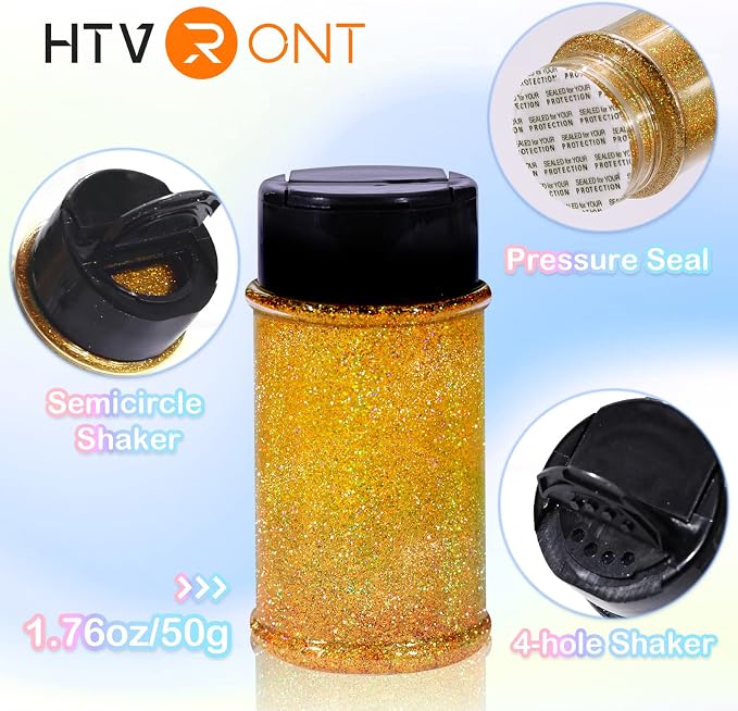 HTVRONT Gold Glitter for Crafts and Arts- 1.7oz/50g Fine Glitter Powder | Holographic Craft Glitter for Resin, Jewelry, Keychains, Paint, Candle, Slime Add Ins, Cosmetic Glitter for Nail Body