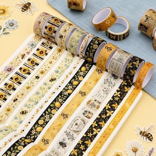 Bee Washi Tape Set 23 Rolls - 7 Sizes | Decorative Tape for Junk Journal Supplies, Scrapbook, Planner