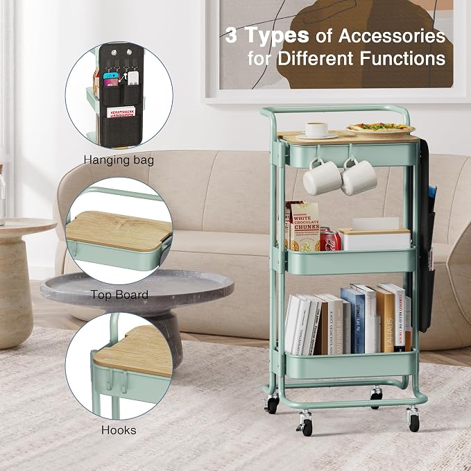 DTK 3-Tier Rolling Cart with Table Top, Metal Utility Cart with Side Bags