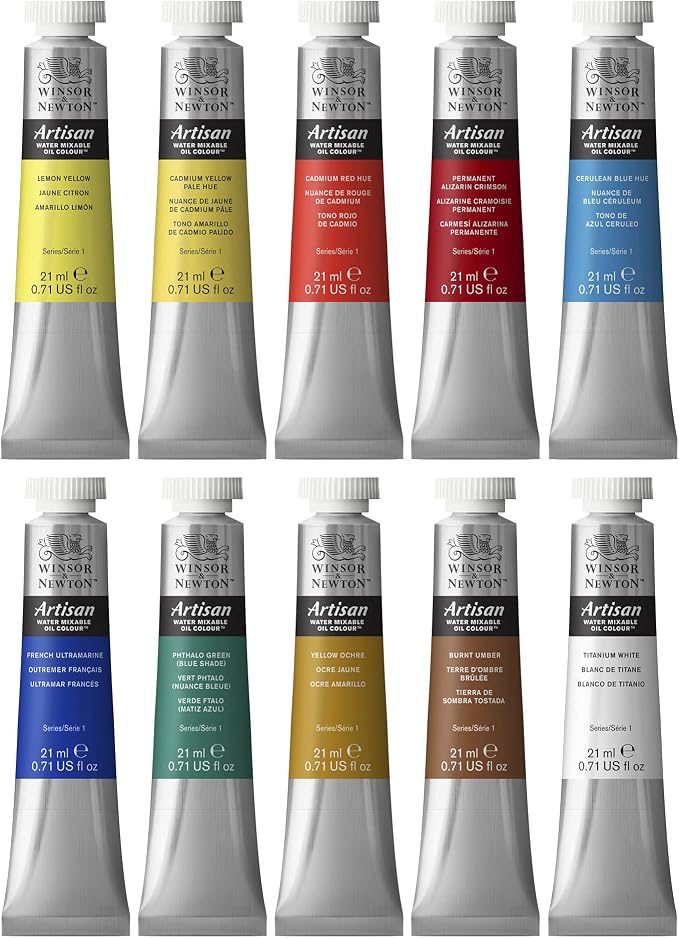 Winsor & Newton Artisan Water Mixable Oil Paint Set, 10 x 21ml Tubes | Clean with water; no solvents needed. Color depth, lightfastness, opacity/transparency are the same as traditional oils.