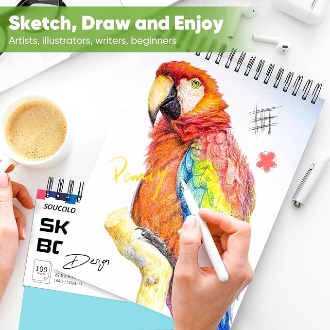 Soucolor 9x12 Sketch Book 2-Pack, 100 Sheets, Acid-Free Drawing Pads | Yop spiral-bound sketchbooks with 68lb acid-free paper,micro-perforated pages,& flat-lay design, great for kids and beginners