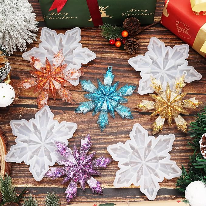 4 Pcs Snowflake Resin Molds, 3D Christmas Snowflake Molds, Christmas Epoxy Resin Mold for DIY Winter Xmas Pendant Decoration