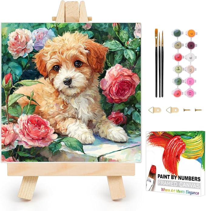 AUKELHJ Framed Paint by Numbers Kit for Adults, Dog, 10x10 inch