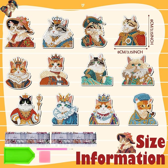 Zonon 12 Pcs Cat Diamond Magnets Fridge, Cute Kitten Decor Stickers Set | Diamond Painting Art Style, Magnetic Back for Refrigerator Surfaces, Cute Animal Characters, Kitchen Home Decor