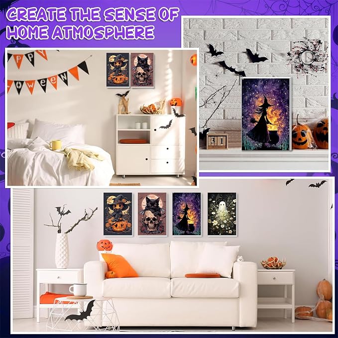 Halloween Paint by Numbers for Adults with Framed Canvas - Wooden Easel | 4 Pack Paint by Number on Canvas, DIY Halloween Acrylic Oil Painting Kits with Brushes for Home Wall Decor (8x12 inch)
