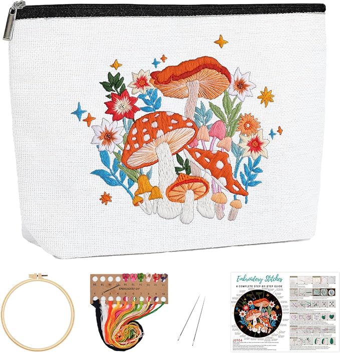 Louise Maelys Embroidery Kit for Beginners, Mushroom Canvas Makeup Bag