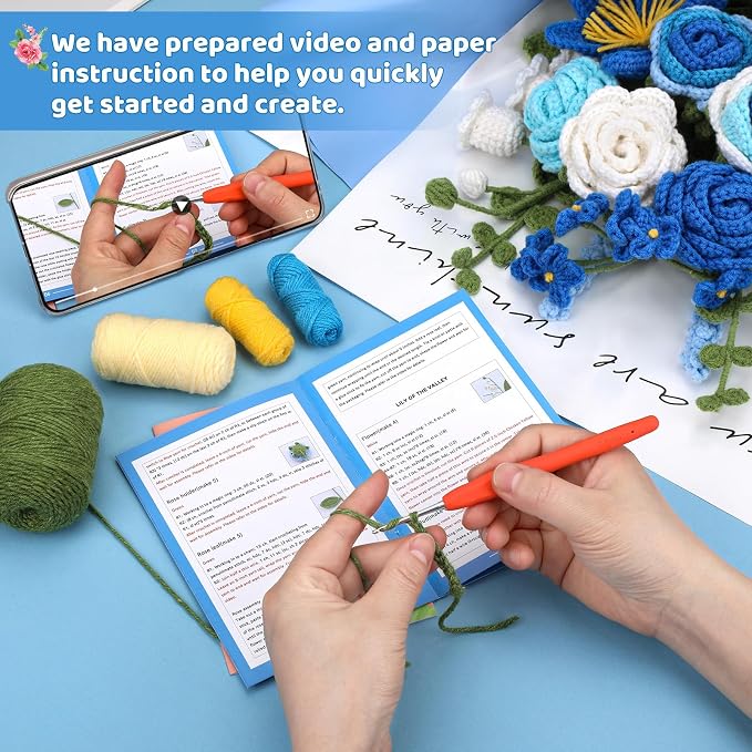 Iuuidu Crochet Kit, Flower Bouquet Crochet Kit for Beginners Blue
