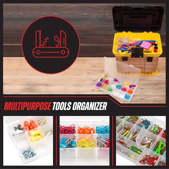 Portable Tool Box - Small Parts Organizer with Drawers and Customizable Compartments for Hardware, Tackle, Beads, or Crafts by Stalwart (Yellow)