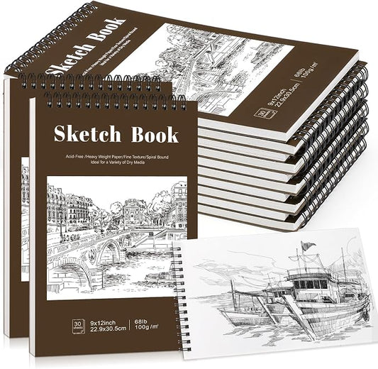 12 Pack Sketch Book 9 × 12 in, Top Spiral, 30 Sheets Each, Tan | 100gsm Acid-Free Paper, Hardcover Backboard, Lay-Flat Top Spiral, for Sketching, Drawing And Dry Media