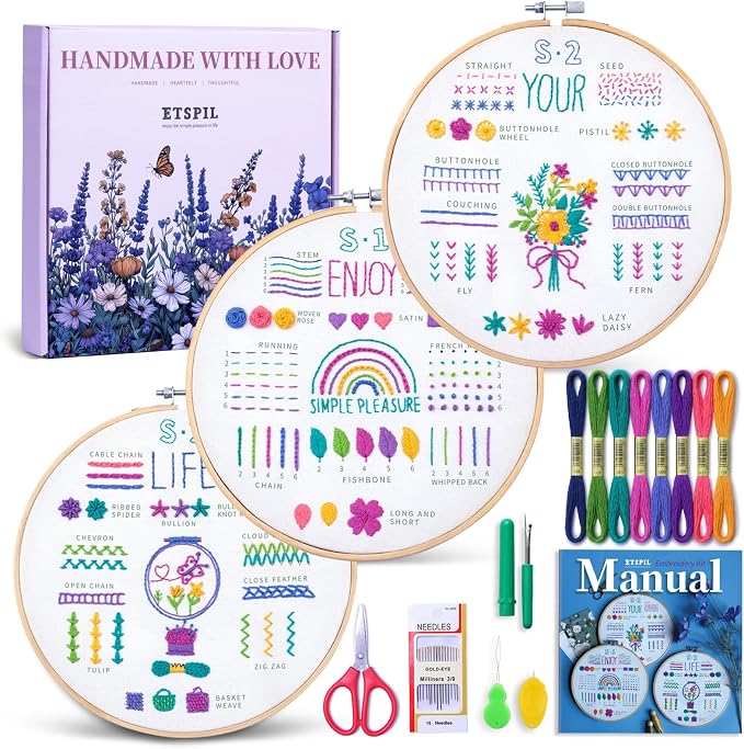 ETSPIL Beginner Embroidery Kit for Adults, No-Wash Finish, 4K Video | Pre-Printed, Guides Vanish. 20% Extra Floss, Bound Manual. All Tools Included. Gift-Ready. Relaxing Craft at Home