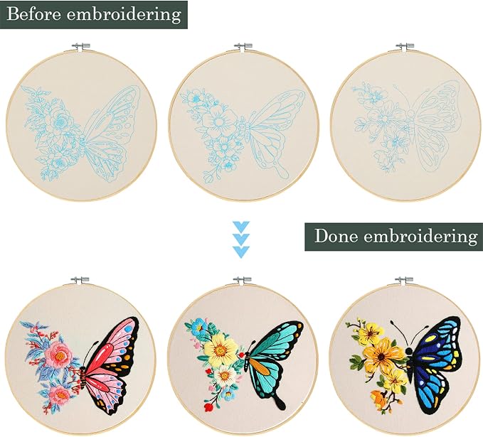 Santune 3 Pack Embroidery Kit for Beginners Adults Cross Stitch Kits with Butterfly Patterns and Instructions,DIY Hand Crafts with 1 Hoop,Threads and 6 Needles