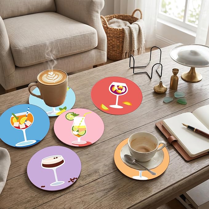 8 Pack Drinks Paint by Numbers Kits Coasters with Holder Cork Pads | Cocktail Paint by Number Kits for Adult Simple Round Oil Painting Coaster for Small DIY Craft Holiday Birthday Gift 3.9x3.9in
