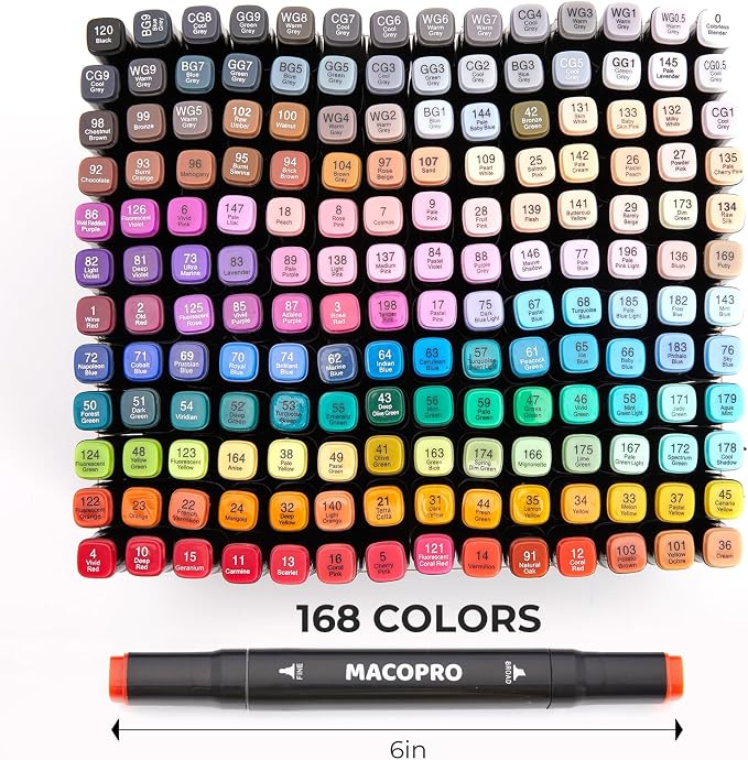 Alcohol Markers Set, Alcohol Based Dual Tip, Broad and Brush Tip for Adult Coloring Books, Drawing, Sketching (168)