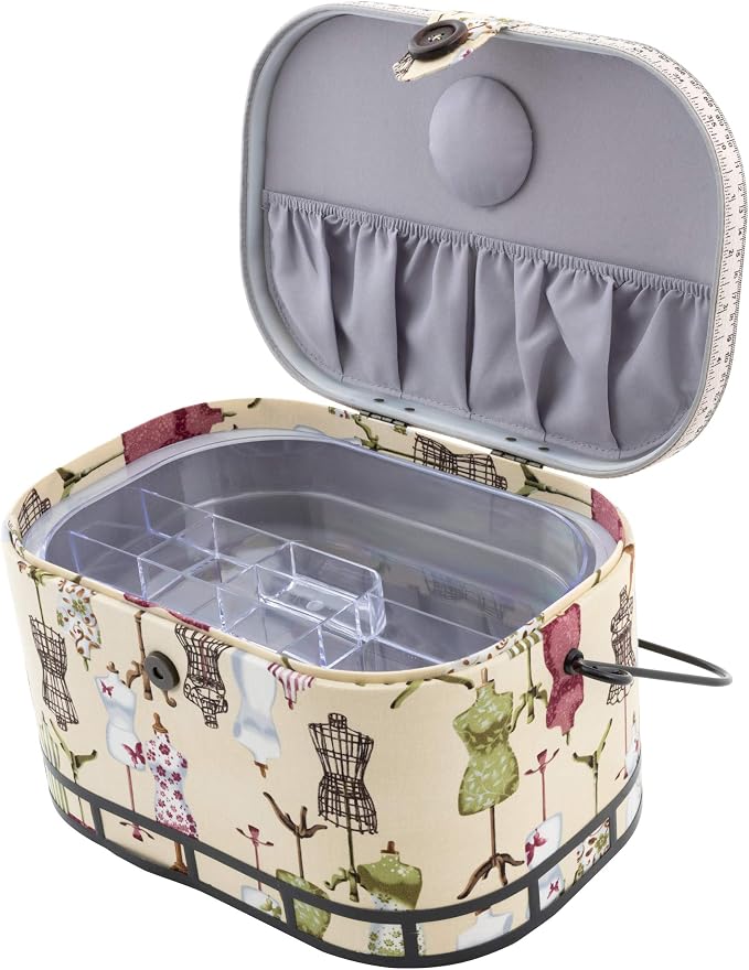 Dritz Large Oval Sewing Basket with Metal Handle, Vintage Dress Form Print