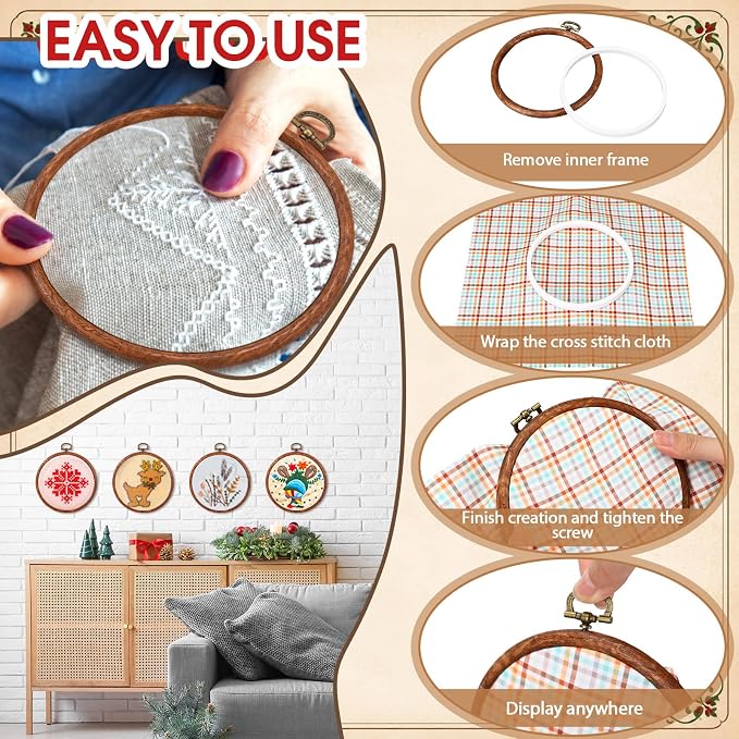 Burbell 5.1 Inch 12 Pcs Fall Round Embroidery Hoops Frame | Small Display Frame Ornaments, Imitated Wood with Metal Hooks, DIY Crafts Sewing Hanging Gifts, Christmas Decor Supplies