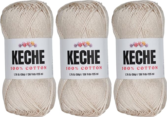 Cotton Yarn - 100% Cotton Yarn for Crocheting and Knitting, Mercerized Cotton Amigurumi Yarn Fine-Sport 2 1.76 oz (50g) / 136 Yrds (125 m) 3 Skeins- Beige