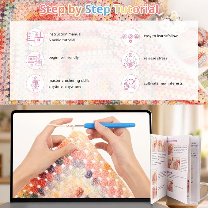 Coopay Crochet Kit for Beginners, Variegated Granny Square Blanket Kit