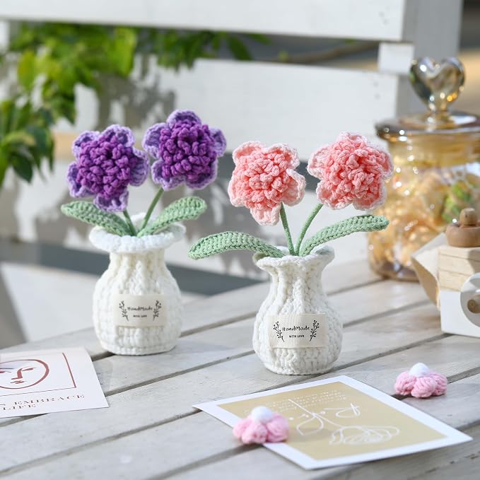 Crochet Paris Polyphylla Flower Pot Handmade Knitted Desk Decor Pink Potted Plant for Home Office
