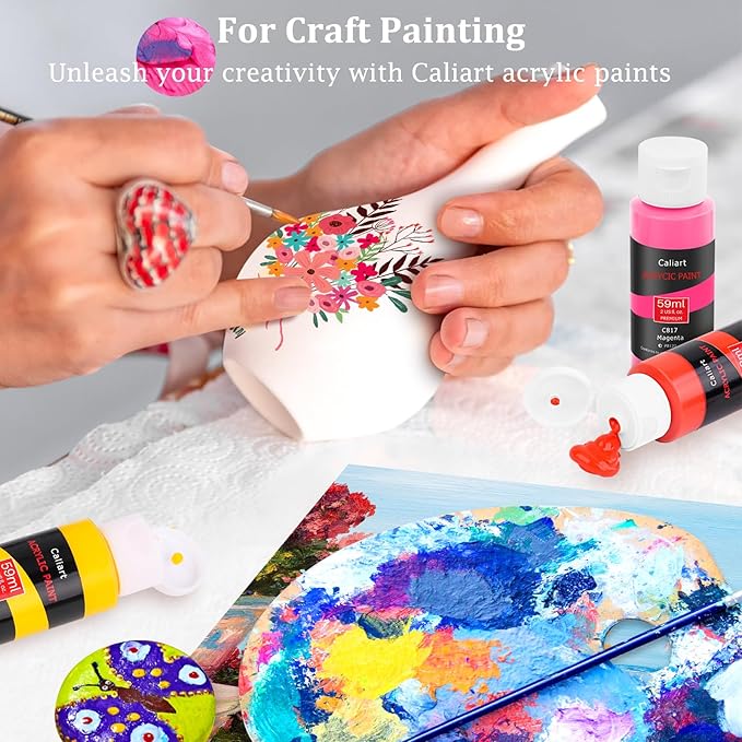 Caliart 36 Colors Acrylic Paint Set with 12 Brushes | Craft Painting kit for Adults Artists Beginners, Rich Pigment Non-toxic, Canvas Wood Rock Pumpkin Ceramic Art Supplies Paint