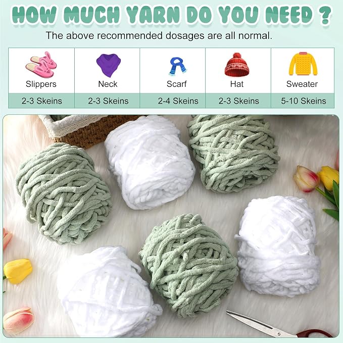 Buryeah 8 Pack Chunky Chenille Yarn for Crocheting, White, Green
